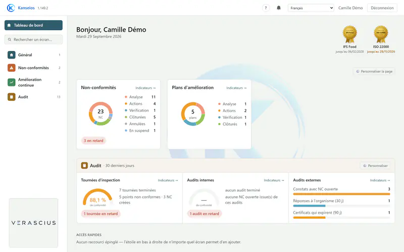 Tableau de bord Kanseios : non-conformités ouvertes, résultats d’audit, accès rapides et prochaines échéances