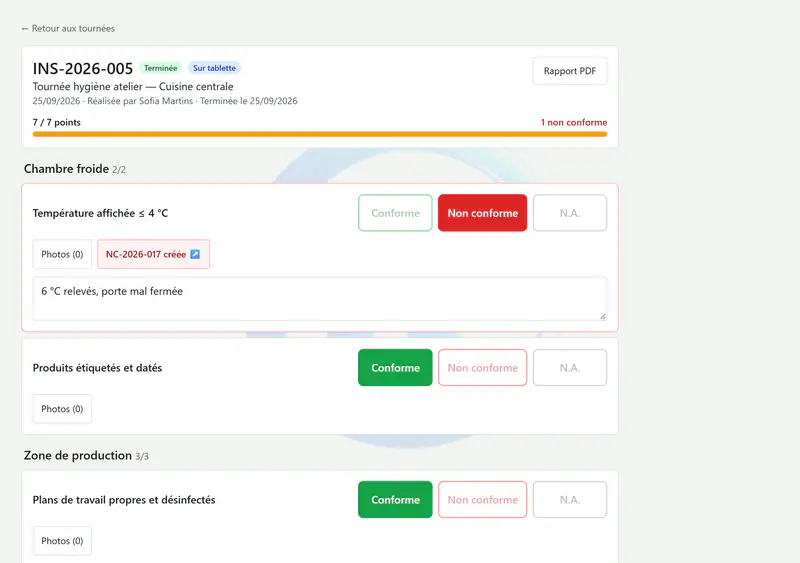 Tournée d’inspection terminée : point non conforme, commentaire et non-conformité créée